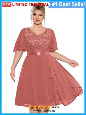 Plus Size V-Neck Sequin Lace A-Line Cocktail Dress Long Sleeve Knee Length